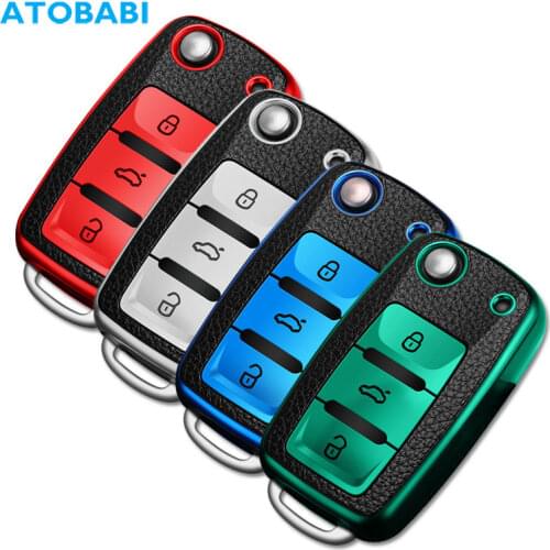 TPU Leather Car Key Cover For VW Polo Golf Passat for Skoda Octavia A5 Bora Jetta Seat Ibiza Leon 3 Buttons Folding Remote Case