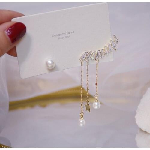 Korea Fashion Jewelry 14K Real Gold Plating Copper Inlaid Zircon Earrings Asymmetric Pearl Tassel Womens Wedding Prom Earrings