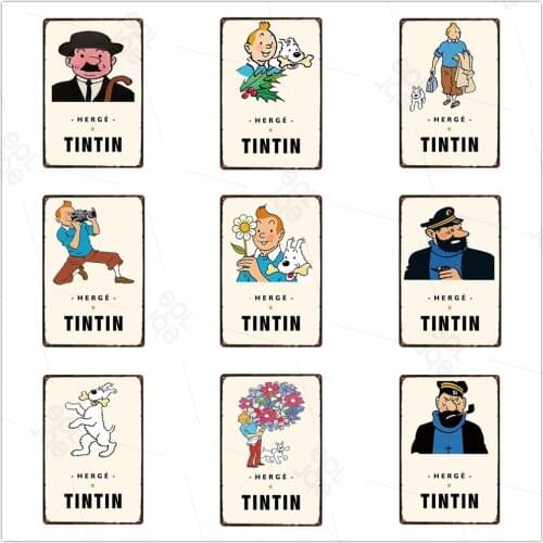 Funny Wall Sticker Anime Metal Sign Cartoon Adventures of Tintin Decoration Metal Plaque Childrens Room Tin Plate Home Decor