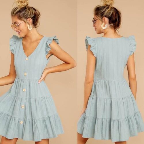 2021Summer European and American womens clothing new flying sleeve solid color short sleeve dress