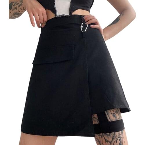 Women y2k Summer Mini Skirt with Irregular Hem Chic Bandage Simple Korean Style Black Solid Color High-waisted Gothic Sexy Skirt