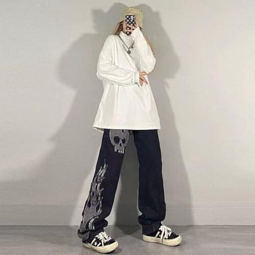 Womens Jeans High Waist Straight Loose Wide-leg Denim Pants Womens Casual Jeans Streetwear Fashion Embroidery Regular Trousers