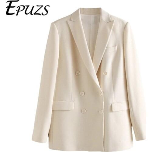 ZA Women 2021 Fashion Office Wear Double Breasted Blazer Coat Vintage Long Sleeve Pockets Female Outerwear Chic Tops