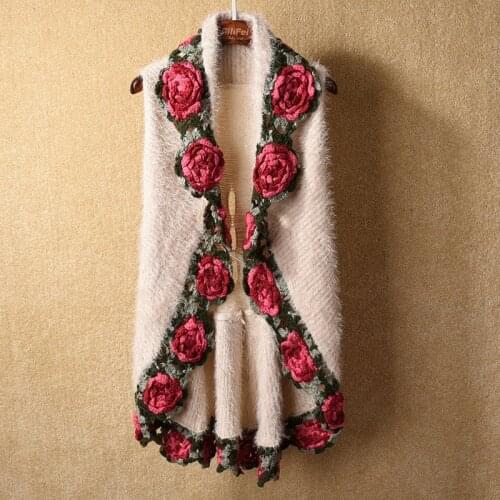 Winter women mohair knitted wraps cargidans lady sleeveless embroidery rose sweaters women crochet flower swing sweaters