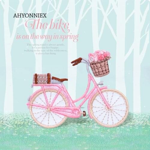 AHYONNIEX 1PC pink bike flower embroidery applique patch Iron on patches clothes with glue bag phone hat dress book DIY sticker