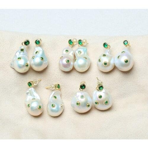 2 Pairs Natural Cultured White Baroque Pearl Green Cz Stud Earrings