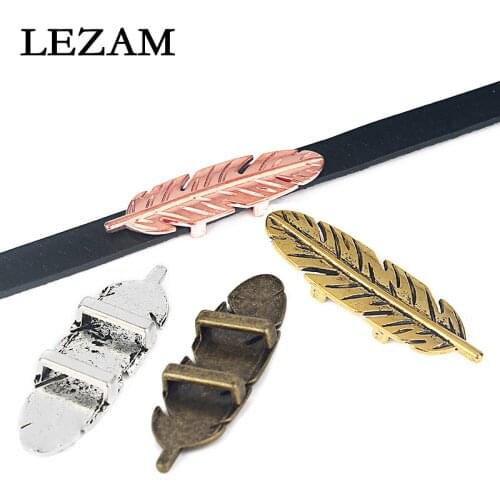 5pcs 10x2mm Hole Alloy Leaf Feather Sliders For 10mm Flat Leather Bracelet Jewelry Findings Accessories