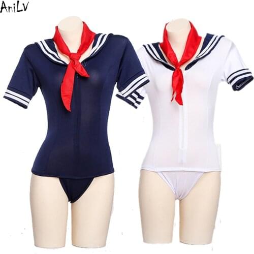 AniLV Japanese Anime Lolita Sailor Tight Leotard Bodysuit Swimsuit Costume Student Girl Swimwear Uniform Pool Party Cosplay