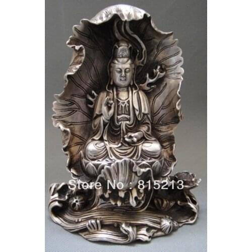 Bi00431 Tibet Tibetan Buddhism Silver Bodhisattva Guan Yin Kwan-Yin Buddha Statue
