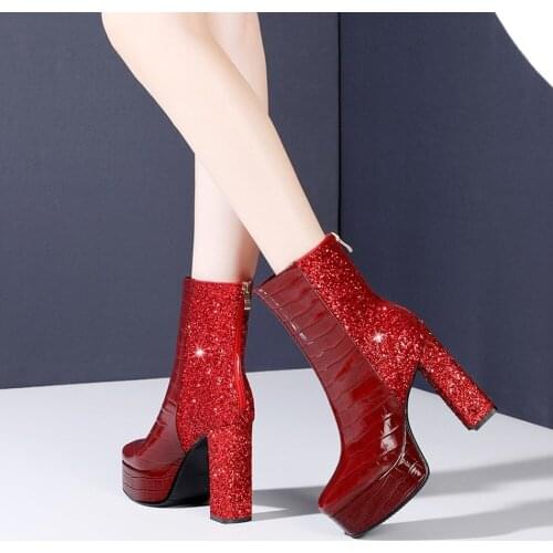 OLOMLB Womens Pointy Toe Sequins Genuine Leather Ankle Boots Platform Block Super High 12CM Heel Shoes Bling Sexy New