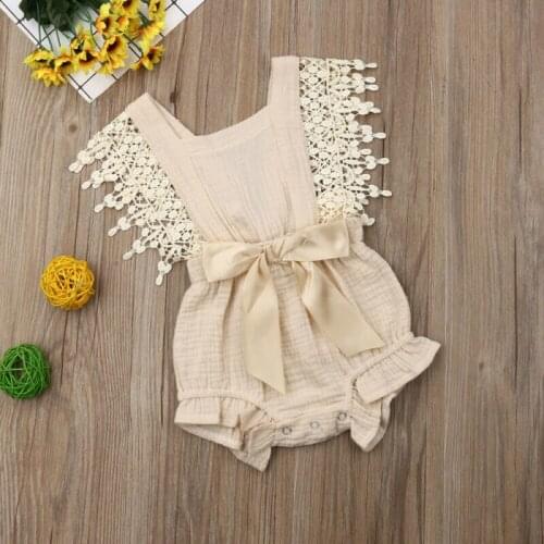 2021 0-24M Newborn Toddler Girl Clothes Summer Ruffle Bodysuit Short Sleeve Lace Linen Cotton Jumpsuit Bow Bodysuit Clothing