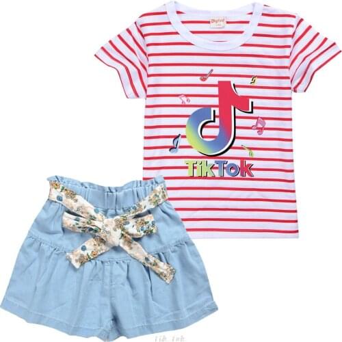 TIK TOK Girls Sets summer New 2 Pieces Baby Girls Clothes Set Childrens suit t shirt + Denim Skirt Pants student clothes