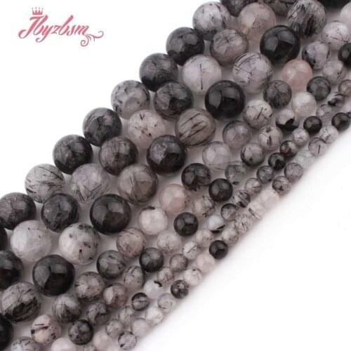 6,8,10mm Natural Black Round Rutilated Smooth Natural Stone Beads For DIY Necklace Bracelats Jewelry Making 15" Free Shipping