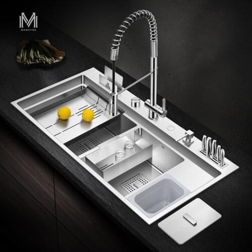 98*48cm thick 304 stainless steel multi-function kitchen sink manual sink double size with trash can