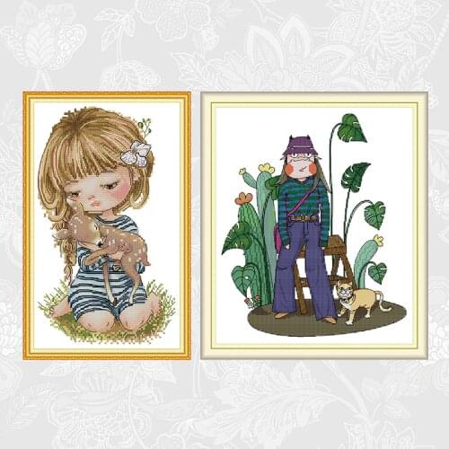 Girl Holding A Fawn Cross Stitch Kits 14ct Printed Canvas Girl and Cat Embroidery 11ct Fabric Stitching DIY Needlework Crafts