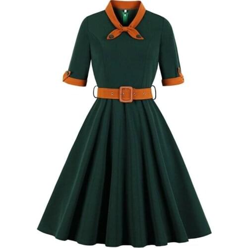 2020 New Womens Green Retro Dresses Female Bow Collar Vintage Dresses Patchwork Knee-Length Office Lady Dresses Chic Elegant