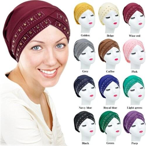 New Customized Good Quality Muslim Headwear Female Rhinestone Scarf Wrap Solid Color Diamond Turban Womens Indian Plain Hat
