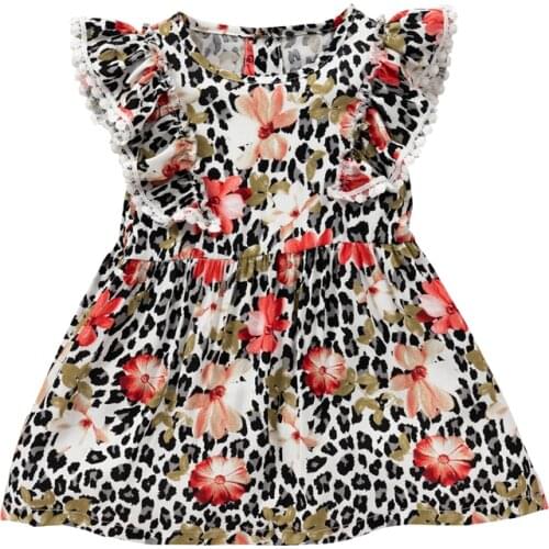 Lioraitiin 1-4Years Toddler Infant Baby Girl Leopard Dress Flower Pattern Fly Sleeve Round Neck Lace Trim 2Colors