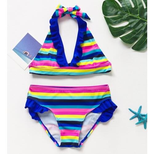 TELOTUNY Swimwear Teen Kids Girls Rainbow Striped Two-Pieces Swimwear Swimsuit Bikini Outfit Ruffles Halter Split Bathing Suit