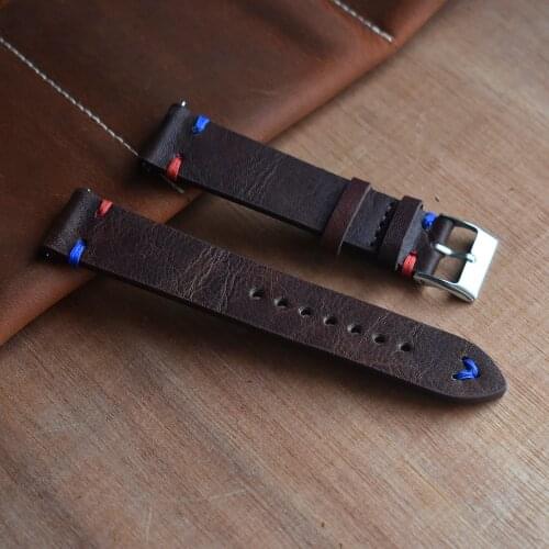 Handmade WatchBand Genuine Soft Leather Strap Watch Wristband Replacement 18 20 22 24 mm Dark Brown Red with Blue Stitching