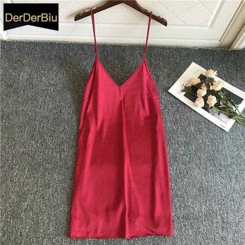 Sexy Sleepwear Soft Satin Burgundy Sleepdress Faux Silk Night Dress Women Spaghetti Strap Nightgown New Deep V Lingerie Homewear