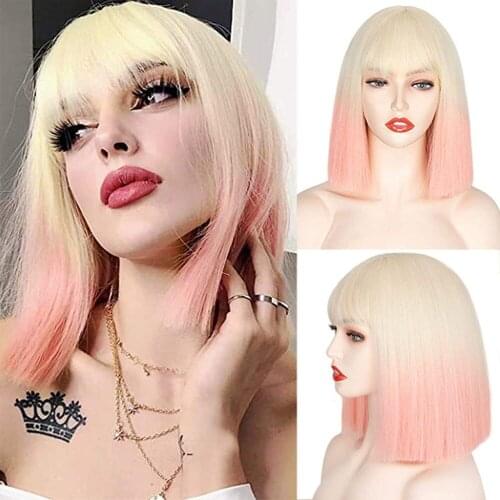 Synthetic Short Bob Wig with Bangs Straight Ombre Blonde To Pink Wigs for Women Colorful Short Pink Wig with Air Bangs