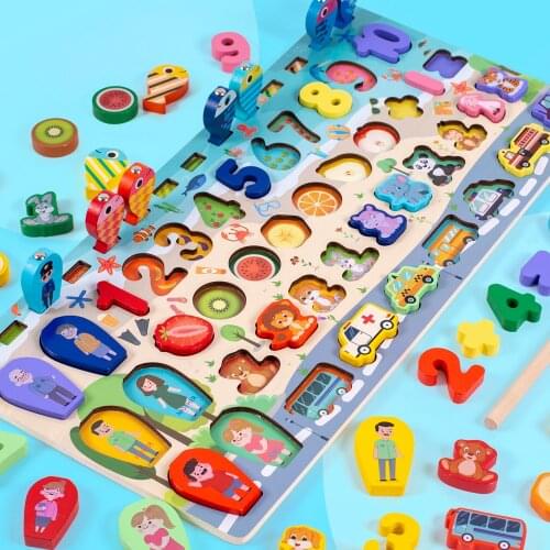 4 Styles Cartoon Animal Educational Wooden Beaded Geometry Digital Clock Puzzles Gadgets Matching Clock Toy For Children