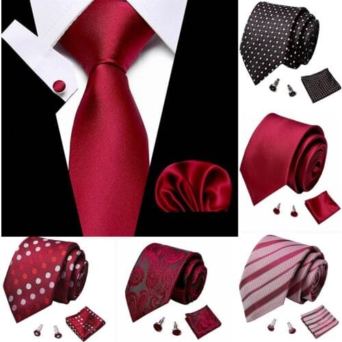 Wedding Mens Tie Handkerchief Cuffink Necktie Set Jacquard Woven 7.5 cm 100% Silk Red Soild Necktie Accessories Luxury Bow Tie