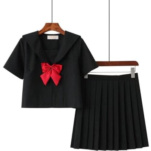 Japanese School Girl Uniform New Summer Short Sleeved Uniforms Women Girls Black Sailors School Suit Pleated Skirt Sets Cosplay