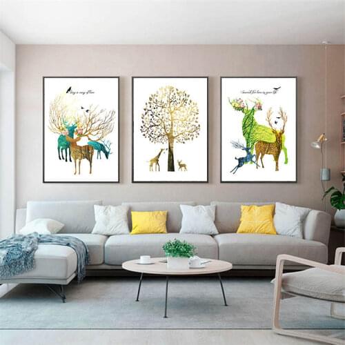 Yumeart Posters and Prints Canvas Painting Colorful Sika Deer Animal Wall Pictures for Living Room Decorative Pictures Home Deco