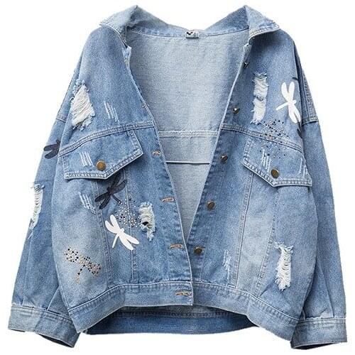 Womens denim jacket with embroidery Large Size 5xl Girls Loose Fashion Beading Denim Coat female