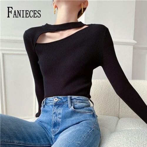 FANIECES Chic Solid Sexy V Neck Cut Out Halter Neck Skinny T Shirt Women Autumn Long Sleeve Casual All-match Streetwear Tees