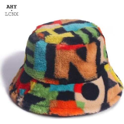 2021 Womens Bucket Hat Outdoor Multicolor Rainbow Rabbit Fur Letter Fisherman Parent-child Hats Women Panama Winter Soft Warm
