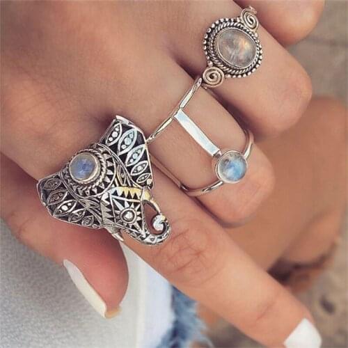 3 Pcs/Set Female Rings Personality Carved Elephant Round Double Crystal Geometry Silver Color Ring Set Punk Party Jewelry