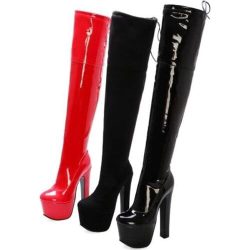 2020 Women Over The Knee Boots Sexy 17 Cm Nightclub Super High Heels Red Patent Leather Long Boots Ladies Black Leather Shoes