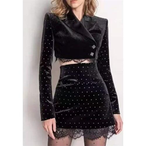 High Quality New Fashion Women Two Piece Set Dot Velvet Long Sleeve Black Jacket + High Waist Lace Patchwork Mini Skirt Suit