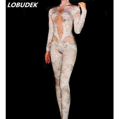 Women Jumpsuit Bright Rhinestones Stretch Leotard jumpsuit Bar DJ singer Models catwalk show Star Party Celebration stage outfit
