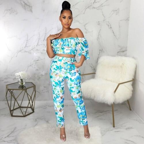 Blue Floral Print Two Piece Beach Outfits for Women Slash Neck Ruffles Sleeve Crop Top and High Waist Pencil Trouser Streetwear