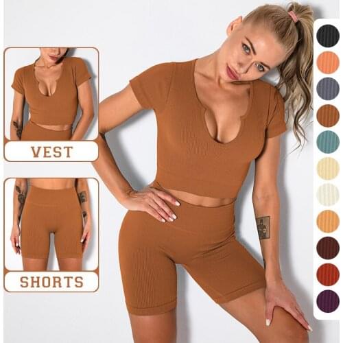 Ribbed Casual Sets For Women V Neck Shirts Shorts Sets Two Pieces Summer Brown Solid Colors Streewear Female Fitness Outfit