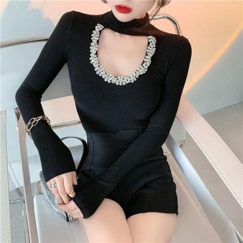 2021 Sexy T Shirts for Women Fashion Turtleneck Hollow Out Tops Design Rhinestone Slim Base Long Sleeve Elegant Lady T Shirts
