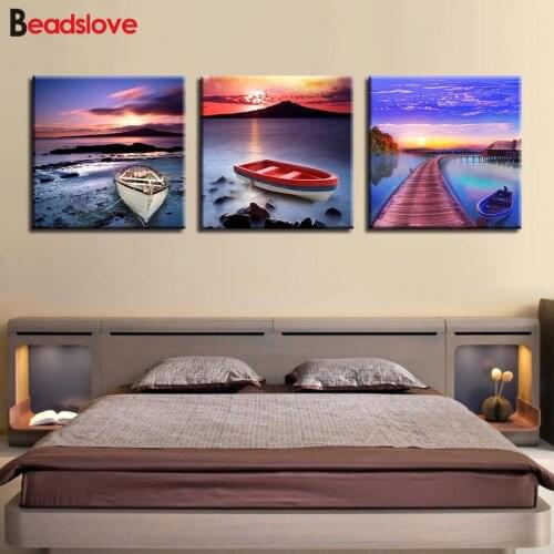 3 piece Diamond Painting Full Round Diamond Embroidery Triptych Sunset bridge landscape Diamond Mosaic Picture Of Rhinestone