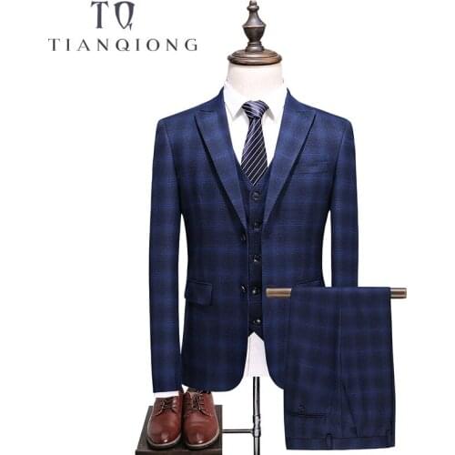 TIAN QIONG Brand Men Suit 2018 Slim Fit Mens Plaid Suits 3 Pieces Groom Wedding Suit High Quality Mens Suits With Pants
