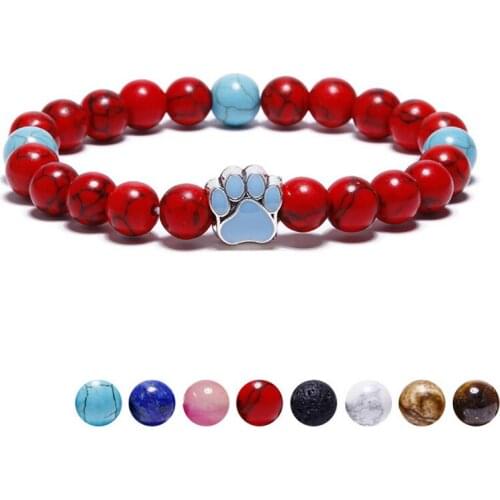 11 Colors 8mm Natural Stone Beads Bracelets Dog Cat Footprint Paw Charms Women Men Bracelet Pet Lovers Elastic Rope Pet Jewelry