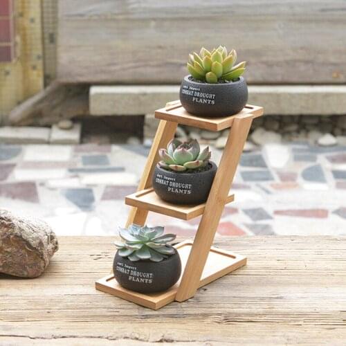1 Set Cement Succulent Planter Pot Geometric Flower Pot 3 Bonsai Cactus Planters with 3-Layers Bamboo Shelf (3 Pots + 1 Stand)