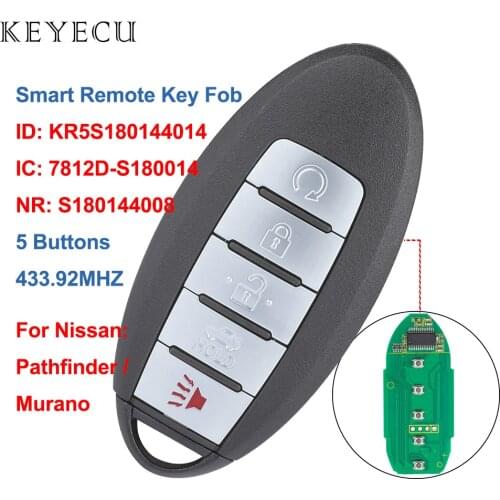 Keyecu S180144008 Smart Car Remote Key Fob 5 Buttons 433.92MHz for Nissan Pathfinder 2013 2014 2015 2016 Murano, KR5S180144014