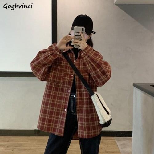 Plaid Shirts Women Vintage Leisure Pocket Oversize Loose Couple Retro Button Up Shirt Long-style All-match Ins Student Top New