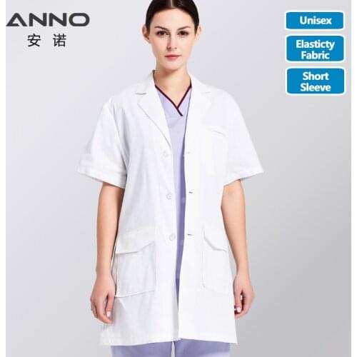 ANNO White Lab Coat Elastic Fabric Doctor Uniform Scrubs Outfit Summer Hospital Clothing Short Sleeve Doctor Suit