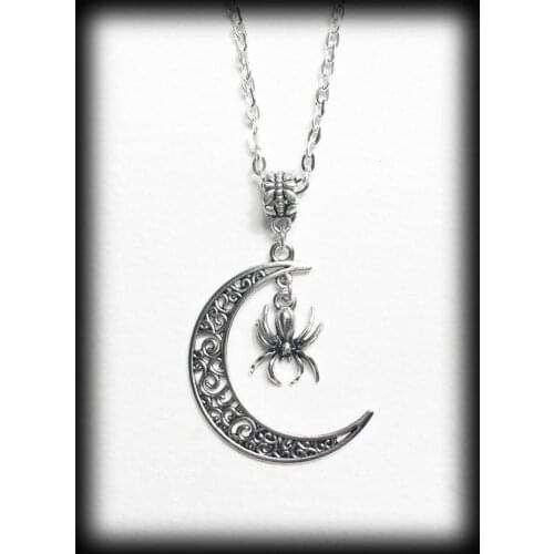 Crescent Moon Necklace, Gothic Witch Wicca Pendant, Filigree Moon With Spider Jewelry