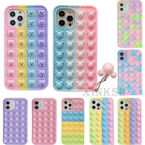 Reliver Stress Fidget Toys Push It Bubble Love Phone case for iphone 11 12 Pro Max 6 s 7 8 Plus X XR XS SE Cute Bear Soft Cover