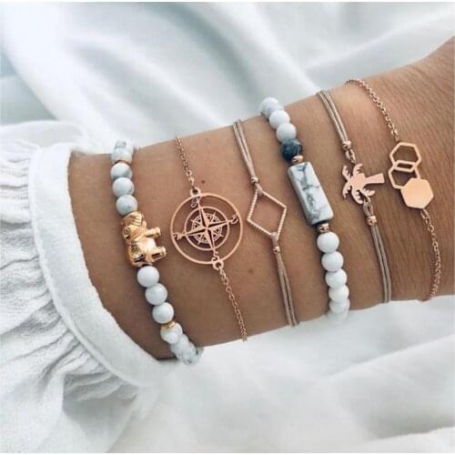 Bracelet set white stone beaded bracelet compass elephant coconut tree Heart map turtle with rope gold color plated